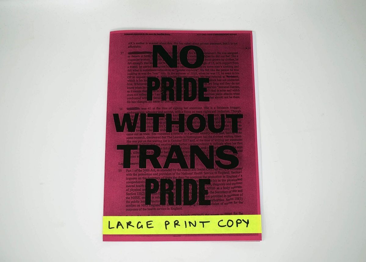 The image shows a bright pink document with bold text stating, "No Pride Without Trans Pride".
