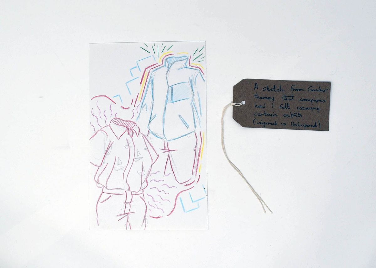 The image shows colorful sketches of outfits with a brown tag with writing on it.