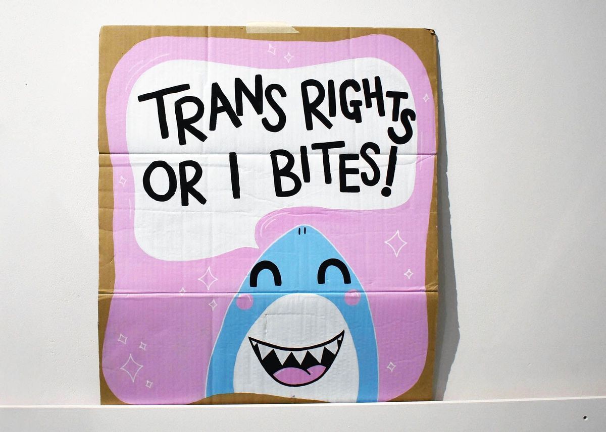 The sign displays a smiling shark and reads, "Trans rights or I bites!" in bold letters.