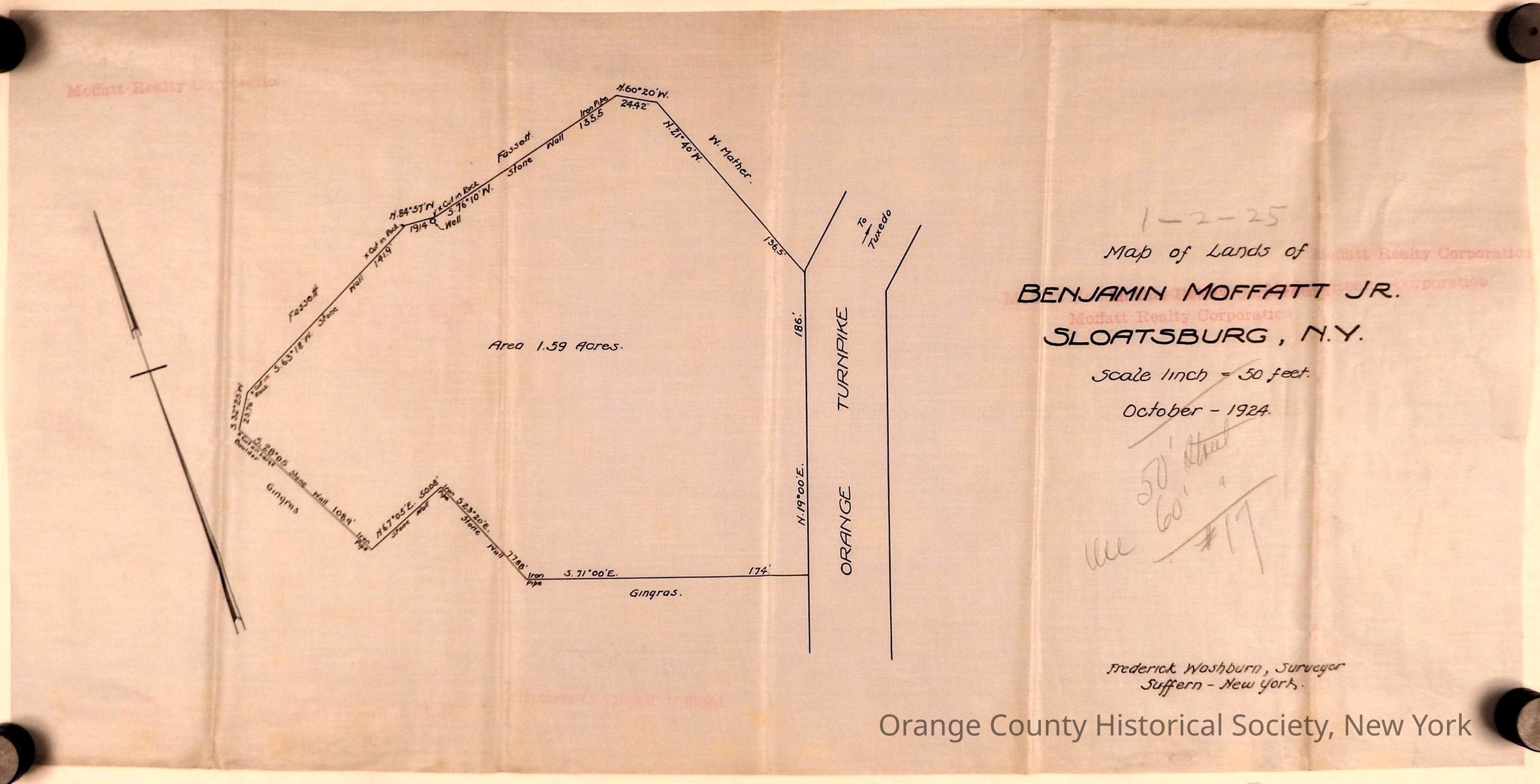 Map of Lands of Benjamin Moffatt Jr. on Orange Turnpike: The image is a historical survey titled "Map of Lands of Benjamin Moffatt Jr., Sloatsburg, N.Y.," dated October 1924, with a scale of 1 inch to 50 feet, showing a parcel of land totaling 1.59 acres and featuring boundary measurements and annotations, created by surveyor Frederick Washburn of Suffern, New York; the map highlights features such as Orange Turnpike.