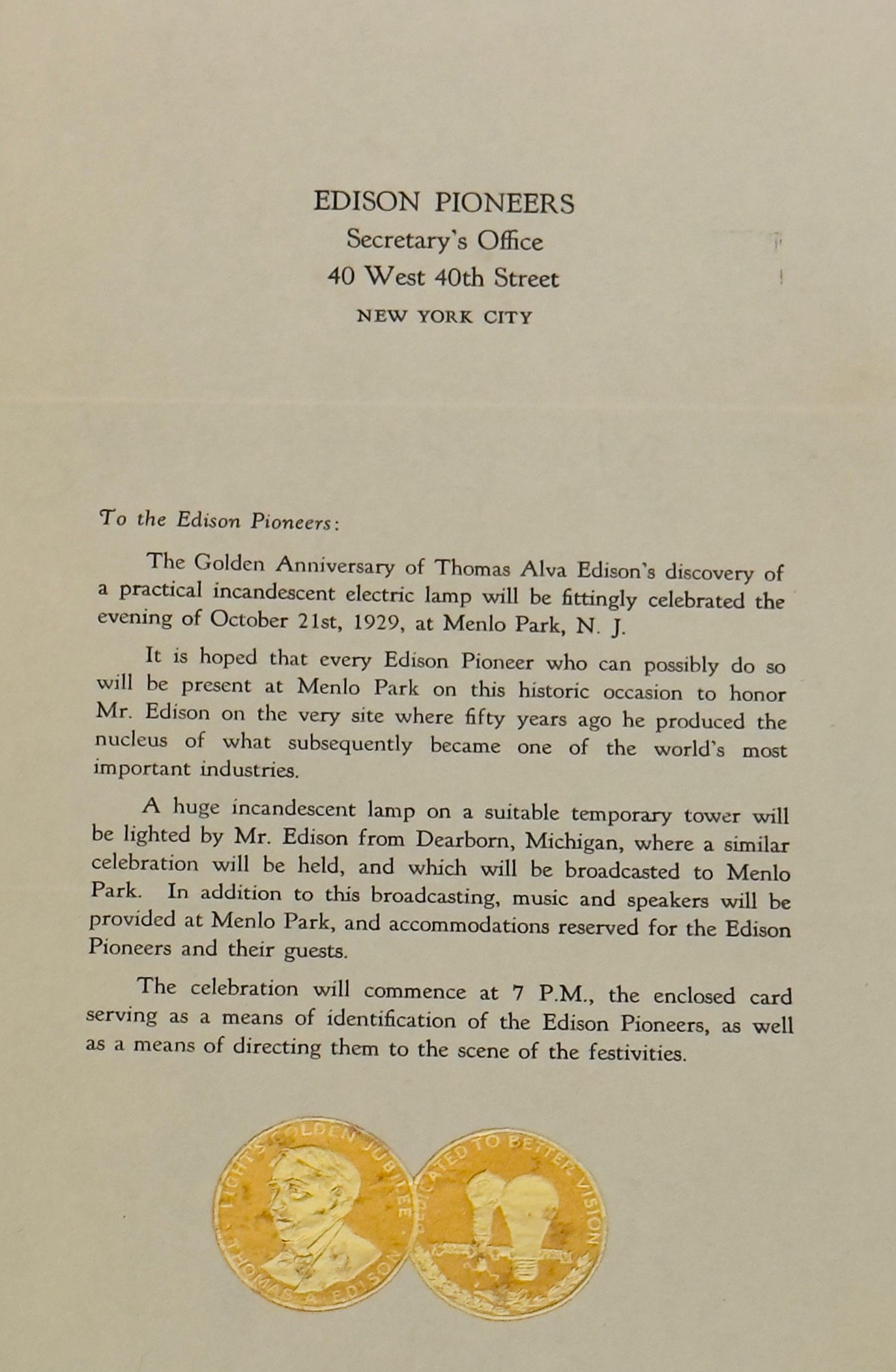 Edison Pioneers Invitation to the Golden Anniversary Celebration of Edison's Electric Light, 1929. picture number 1