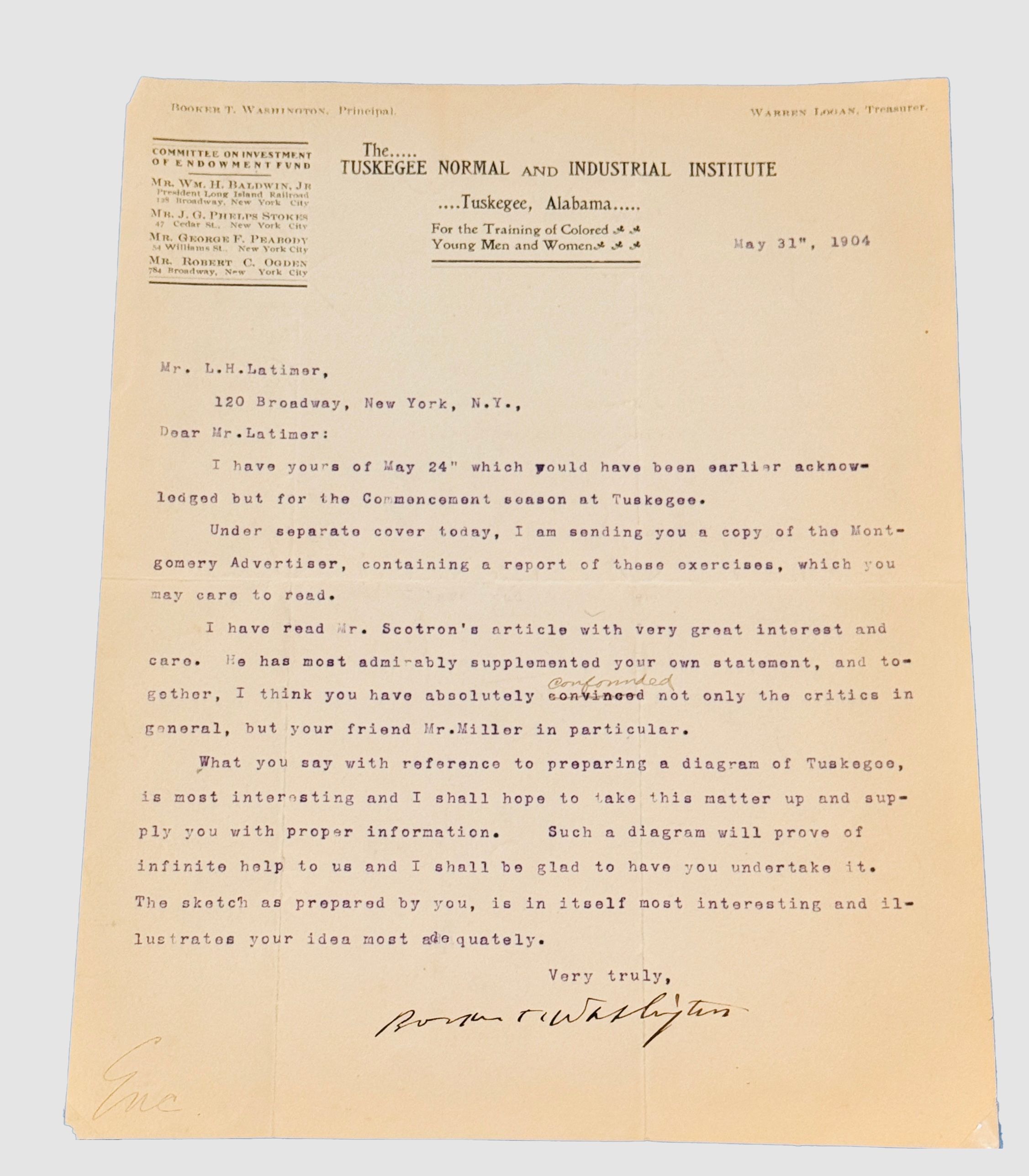 Latimer enjoyed exchanging letters with his hero, Booker T. Washington (1856-1915). In this letter to Latimer, Washington comments on Black political affairs in New York City involving Samuel Scottron, another ally.