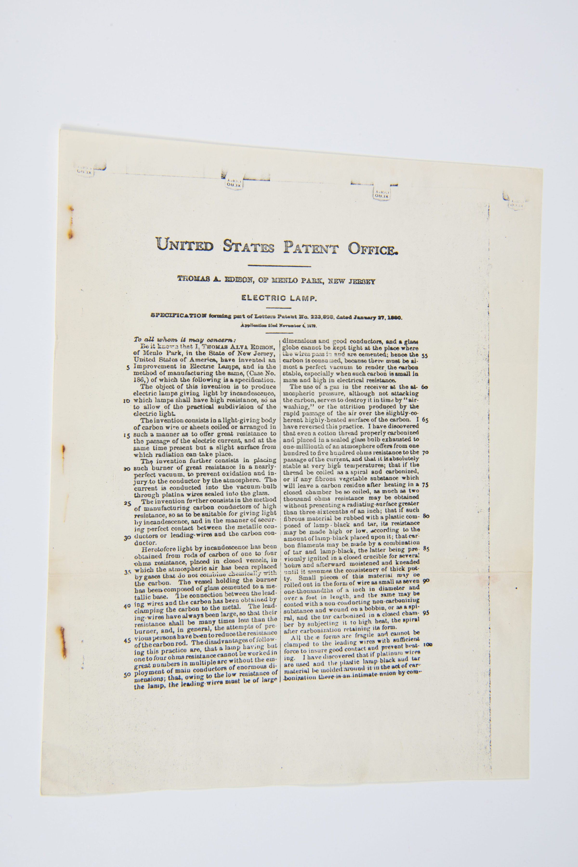 UNITED STATES PATENT OFFICE THOMAS A. EDISON, OF MENLO PARK, NEW JERSEY ELECTRIC LAMP picture number 1