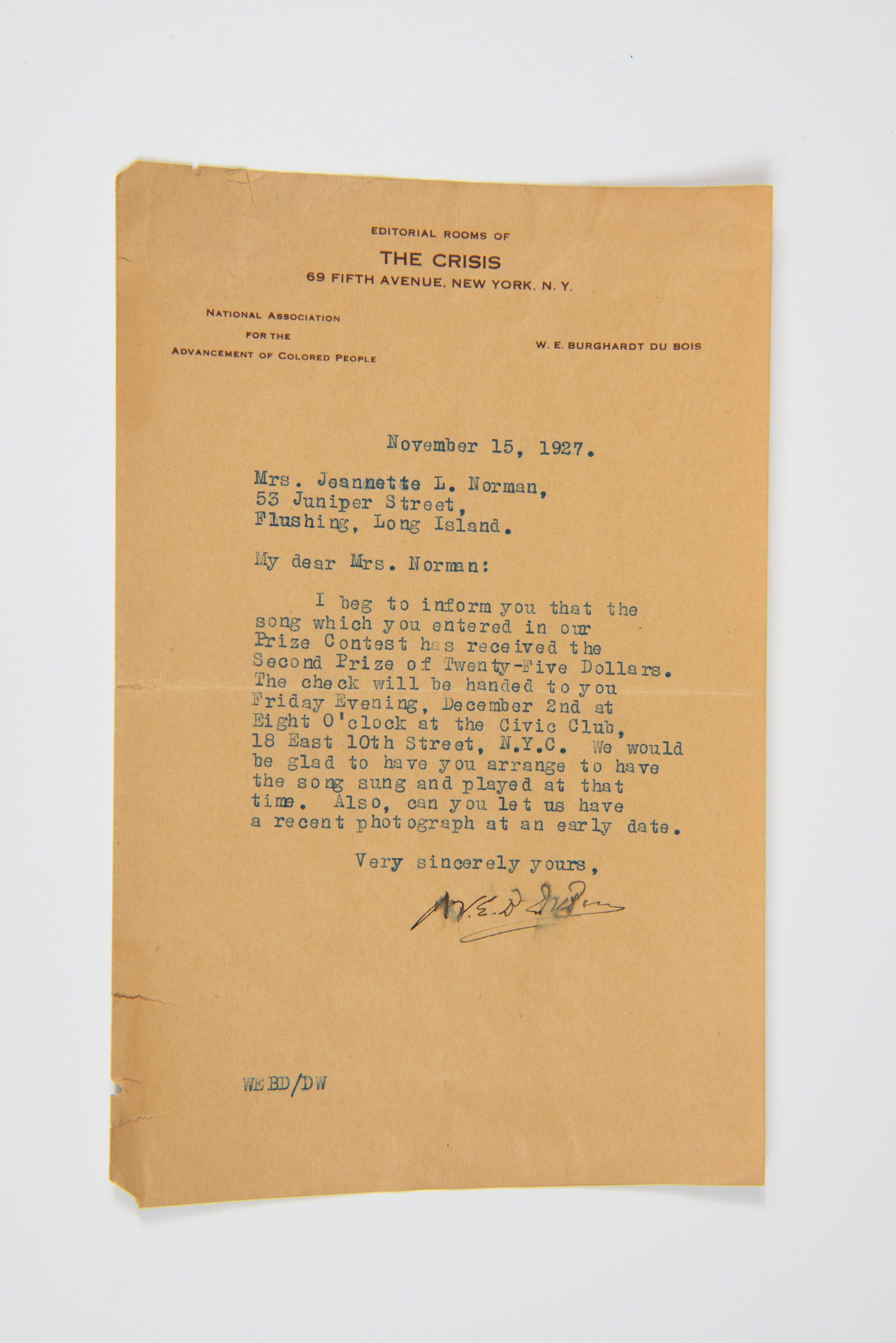 Letter from W.E.B. Du Bois to Jeannette L. Norman Regarding Prize Contest picture number 1