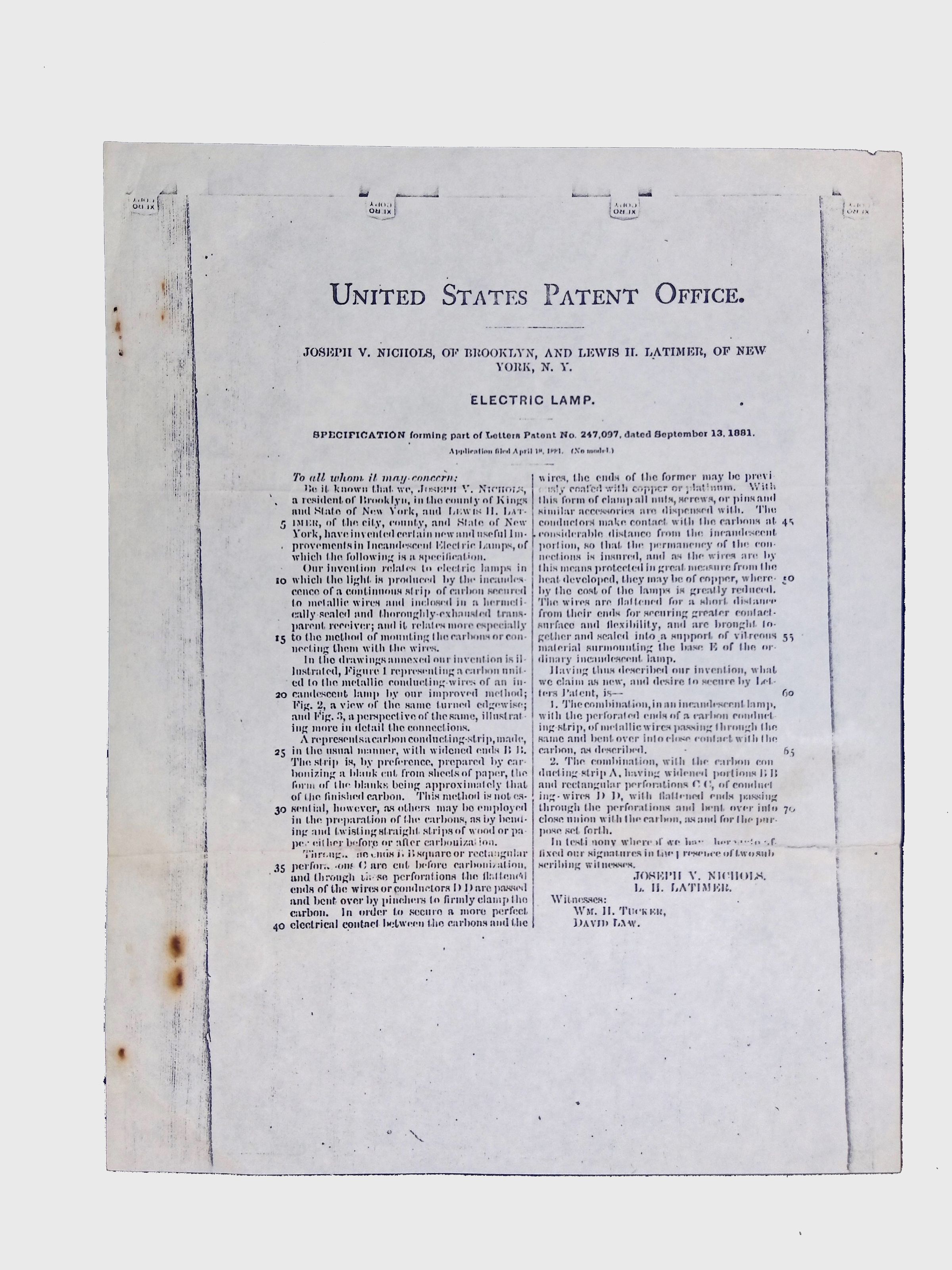 Patent for Electric Lamp by Joseph V. Nichols & Lewis H. Latimer picture number 1