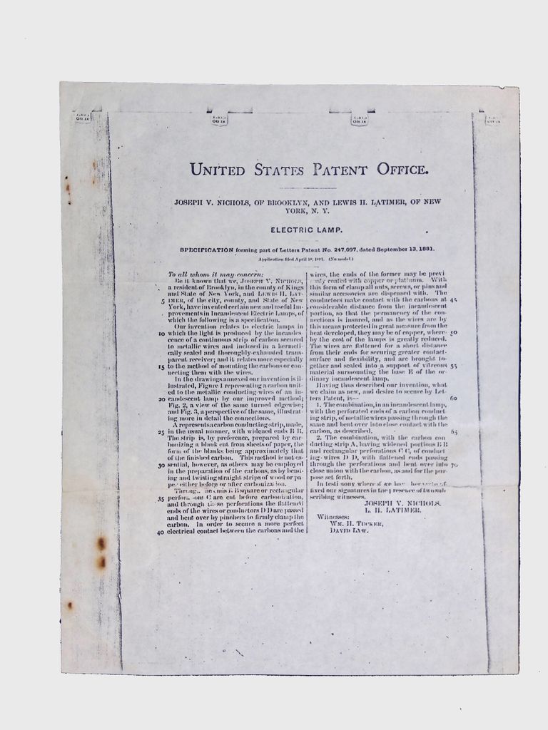 Patent for Electric Lamp by Joseph V. Nichols & Lewis H. Latimer picture number 1