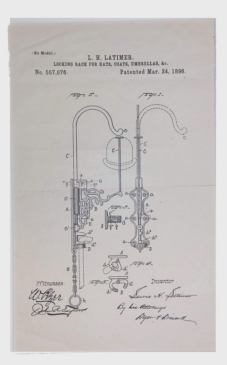 Patent Drawing for Locking Rack for Hats, Coats, and Umbrellas by Lewis H. Latimer (1896) picture number 1