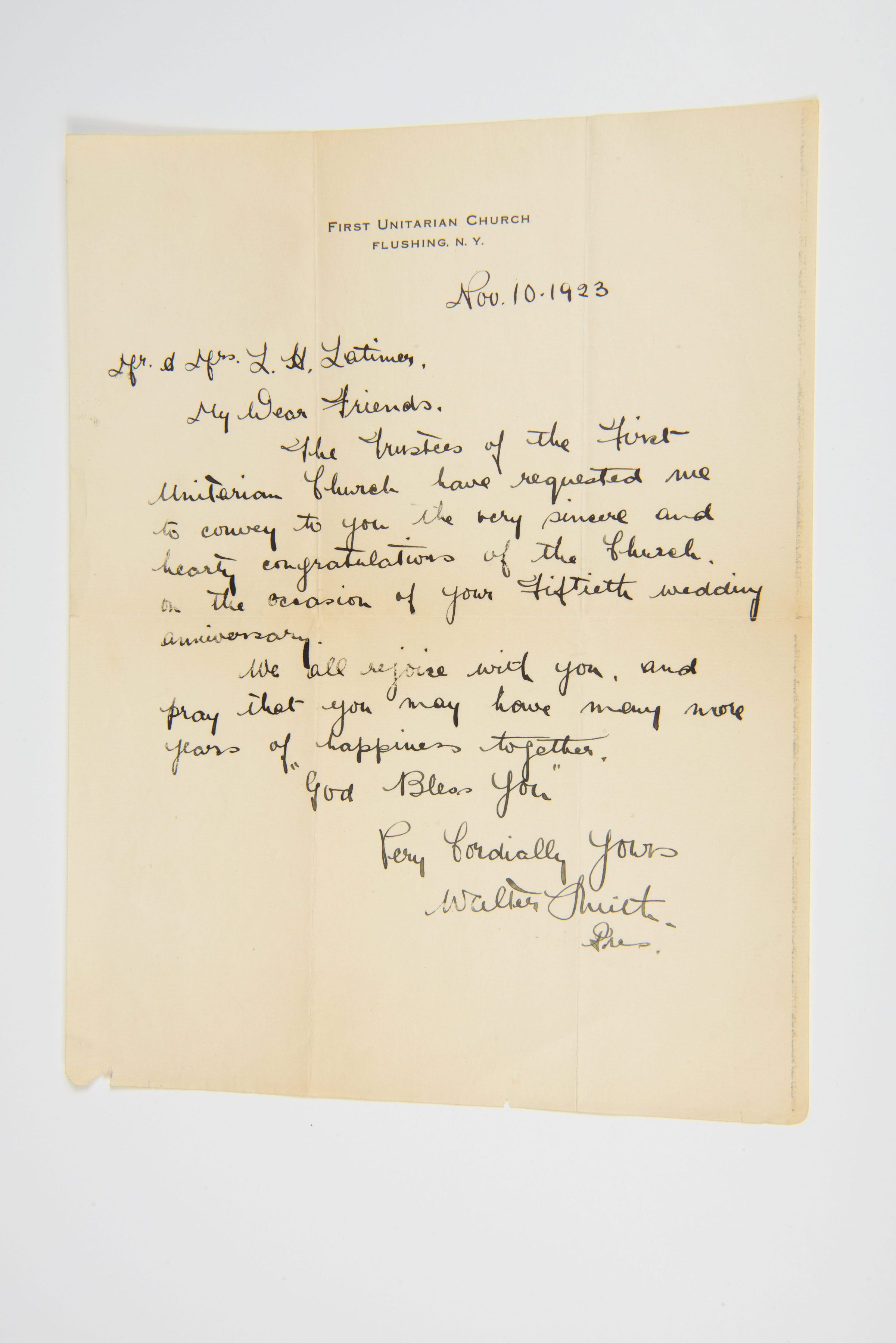 Letter from First Unitarian Church to Mr. & Mrs. Lewis H. Latimer picture number 1