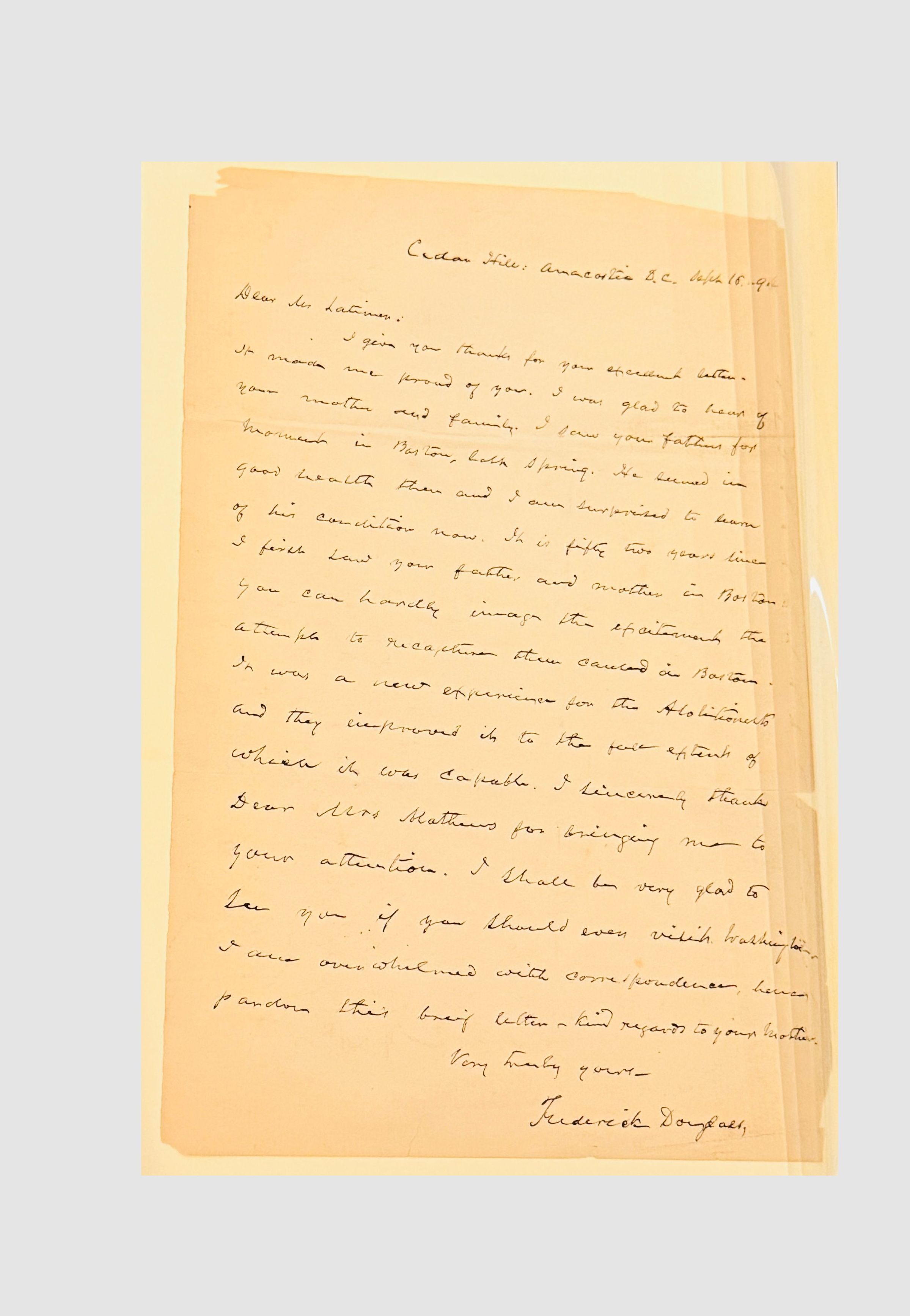 Letter, Frederick Douglass to Lewis H. Latimer, September 16, 1894 picture number 1
