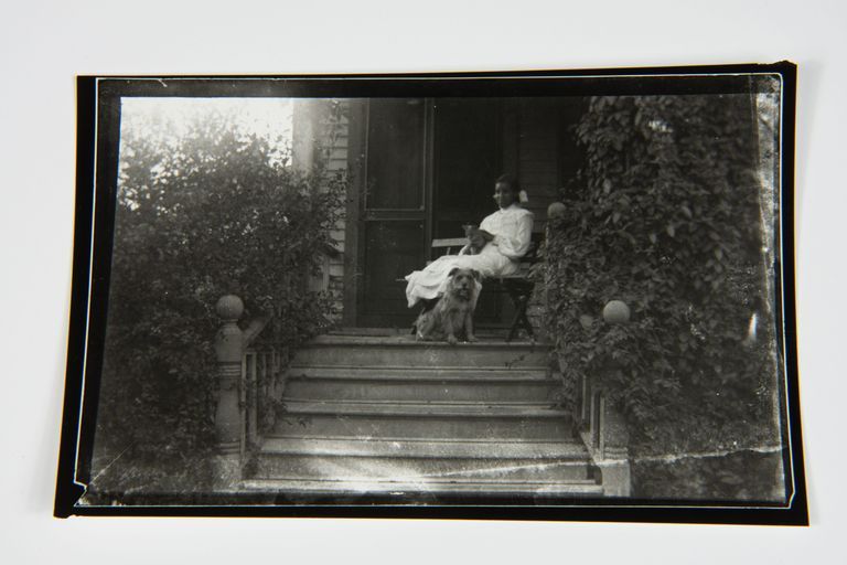 A woman in a white dress sits on a porch with a cat and a dog nearby.