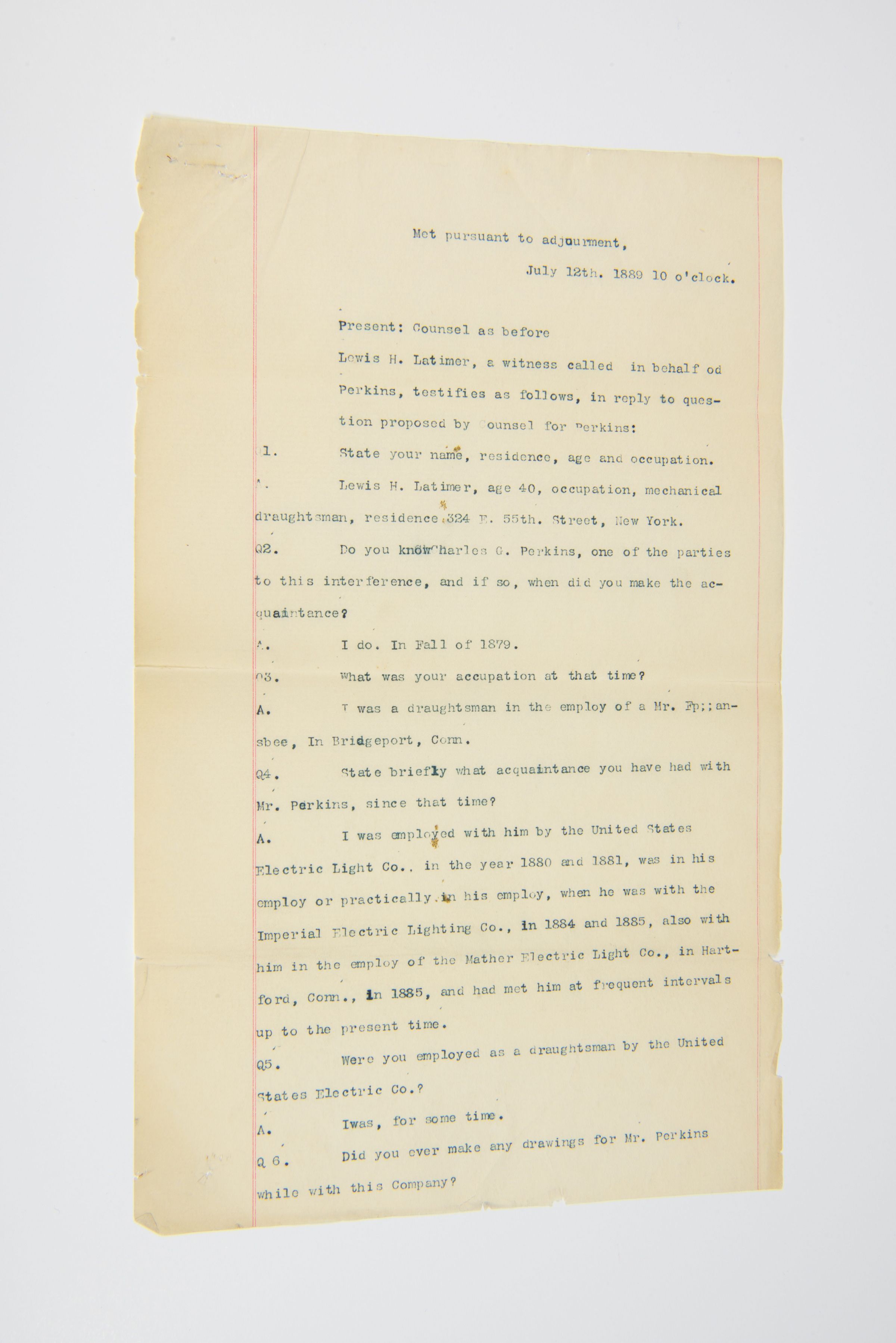 Testimony of Lewis H. Latimer in Patent Interference Case (July 12, 1889) picture number 1