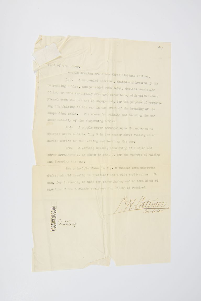 Signed Engineering Document by Lewis H. Latimer – Elevator Safety Mechanism picture number 1