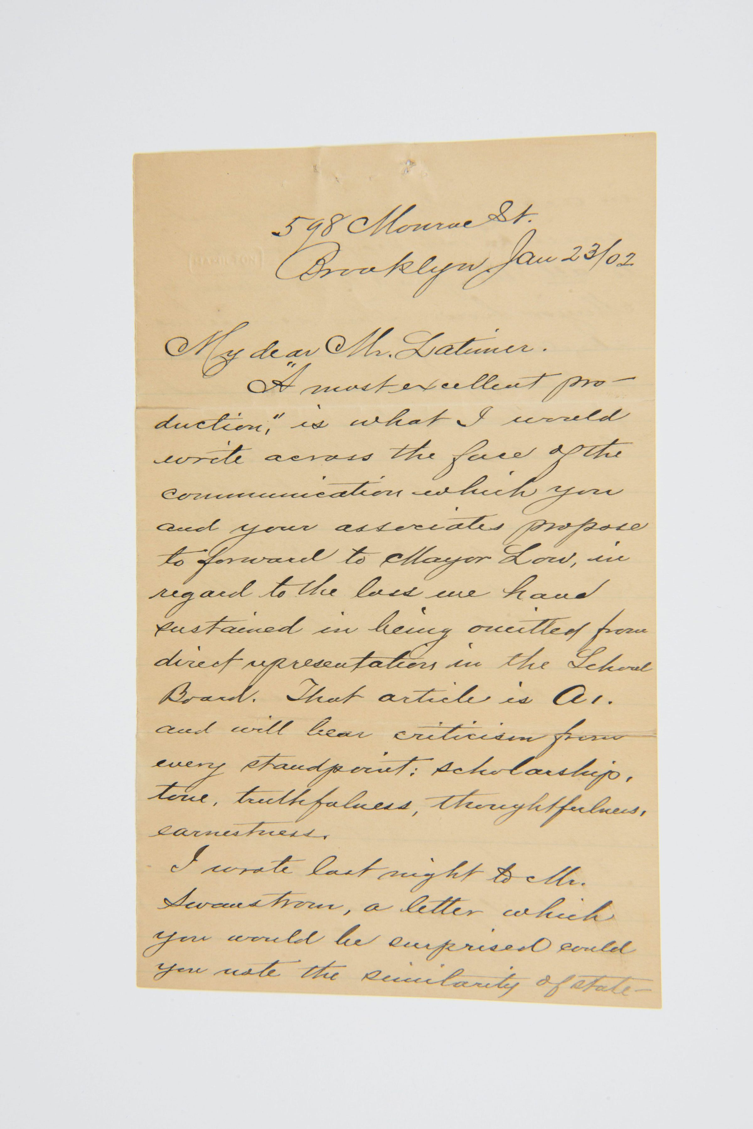 Letter to Lewis H. Latimer from J.R. Scottron picture number 1