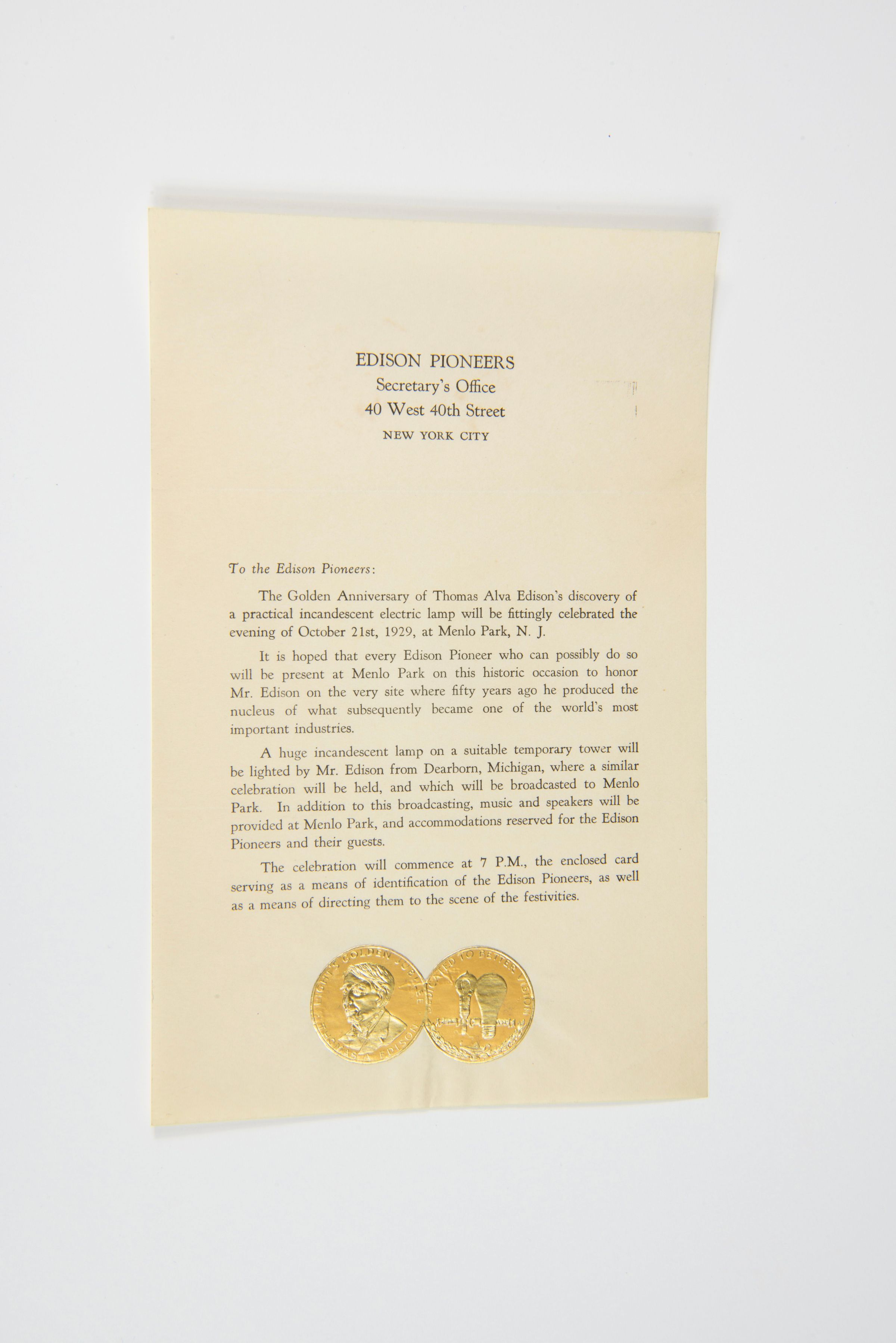 Edison Pioneers Golden Anniversary Invitation – October 21, 1929 picture number 1