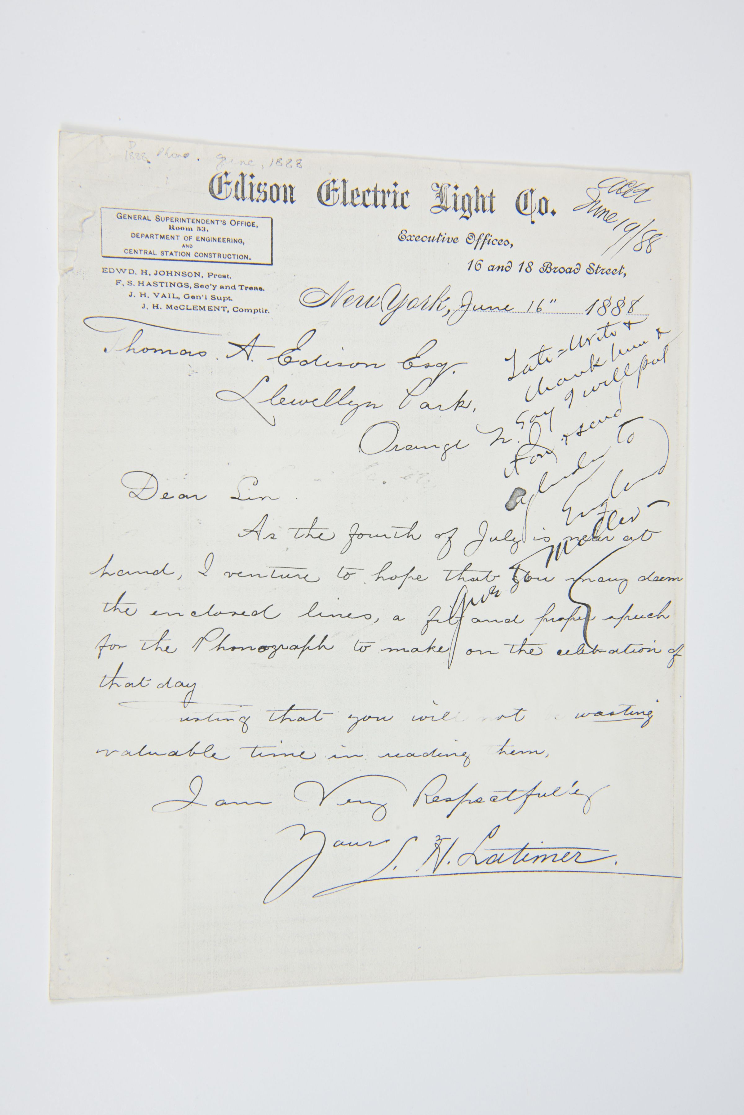 Letter from Lewis H. Latimer to Thomas A. Edison (June 16, 1888) picture number 1