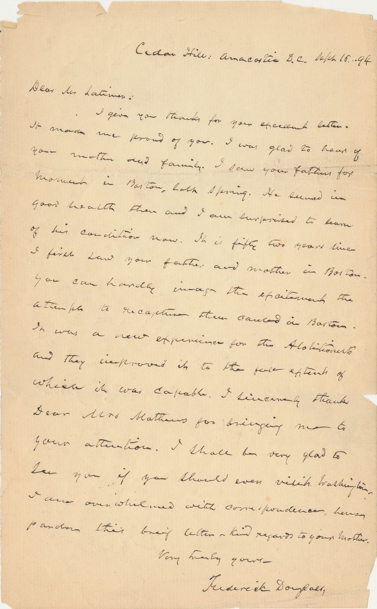 Survey #63 - Letter from Frederick Douglass to Lewis H. Latimer (September 16, 1894) picture number 1