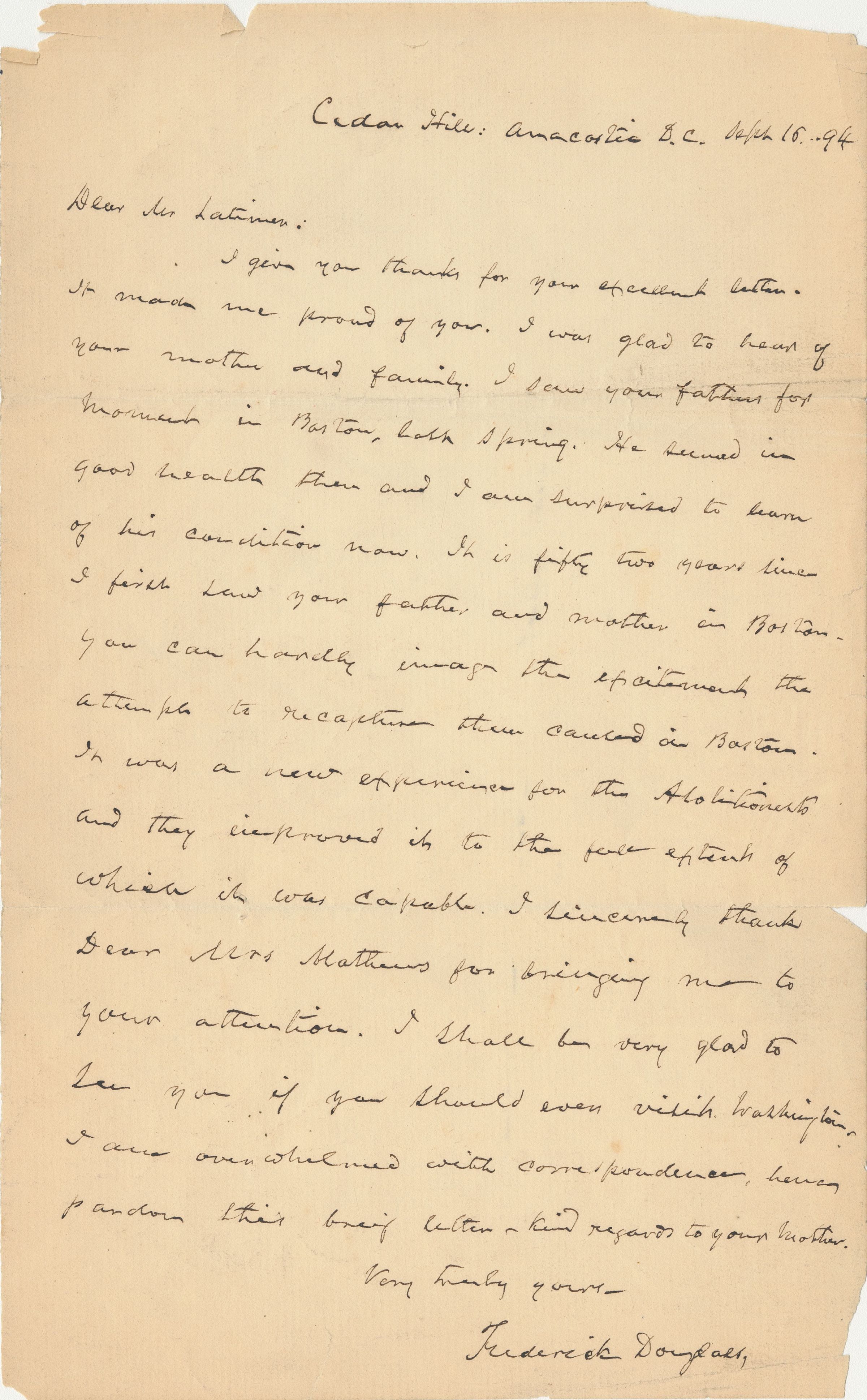 Survey #63 - Letter from Frederick Douglass to Lewis H. Latimer (September 16, 1894) picture number 1