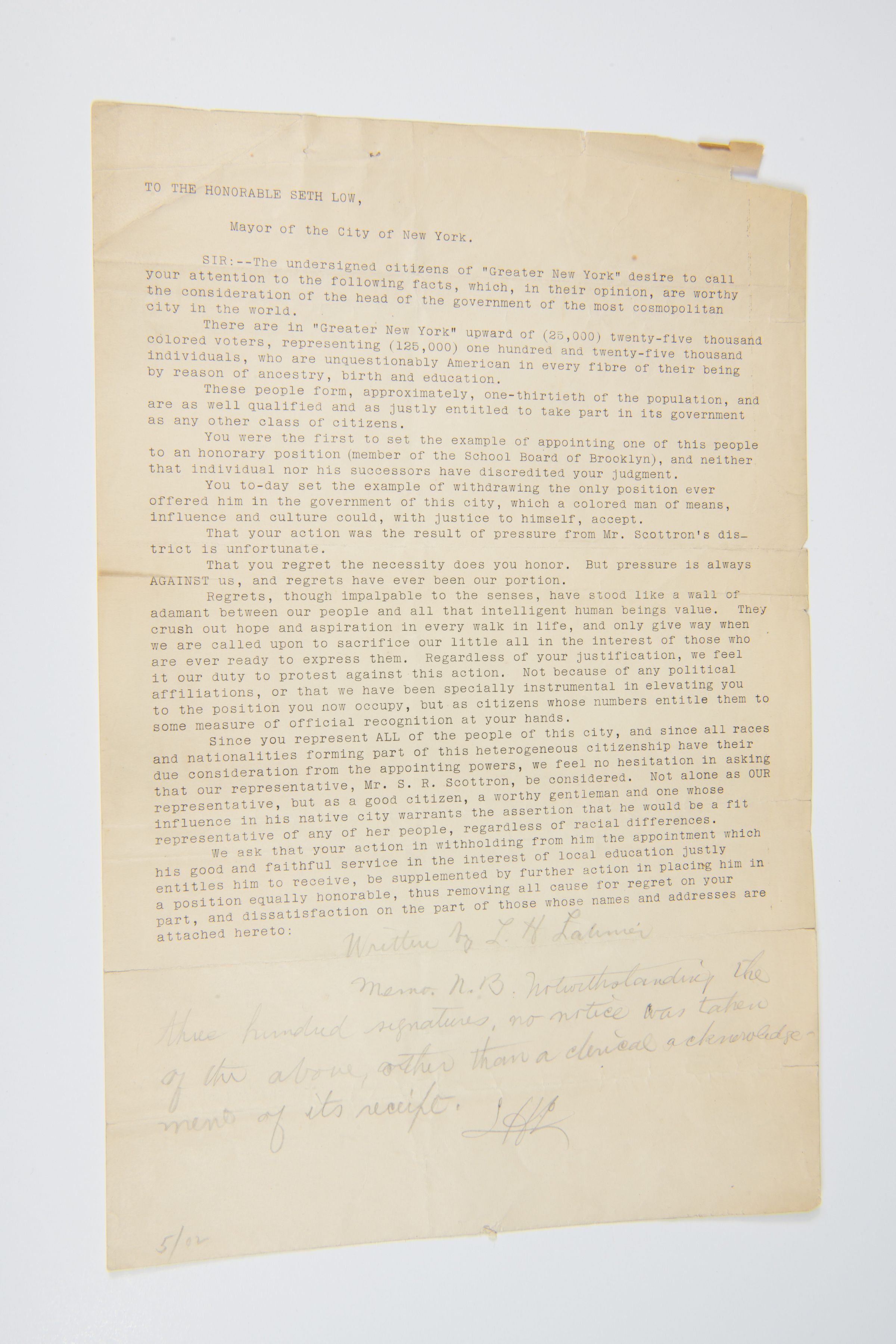 Letter from Lewis H. Latimer to Mayor Seth Low – Advocacy for Black Representation in Government, 1900s picture number 1