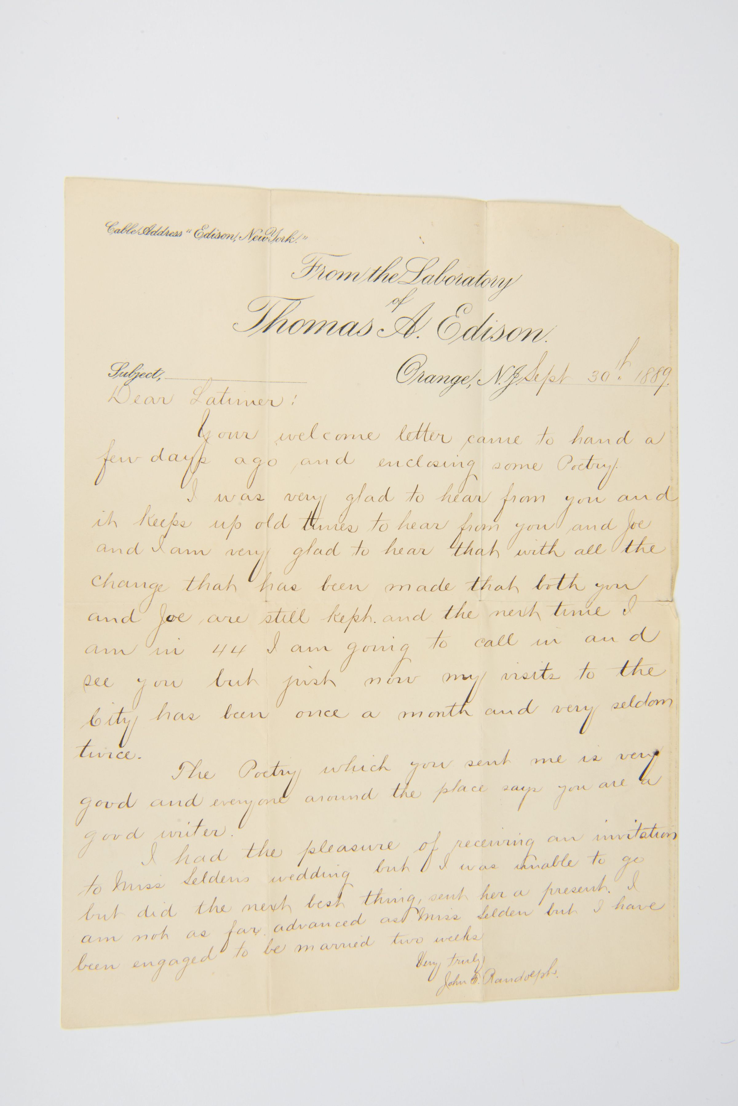Letter from the Laboratory of Thomas A. Edison to Lewis Latimer picture number 1