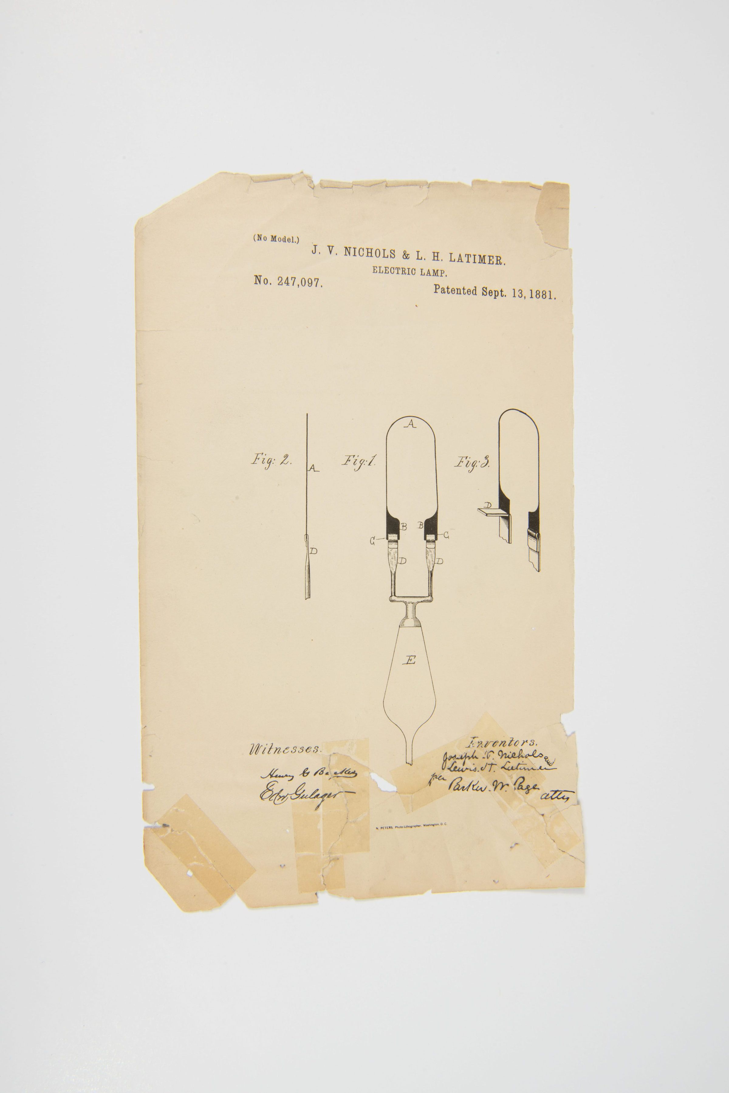 Patent for Electric Lamp by J.V. Nichols & L.H. Latimer picture number 1