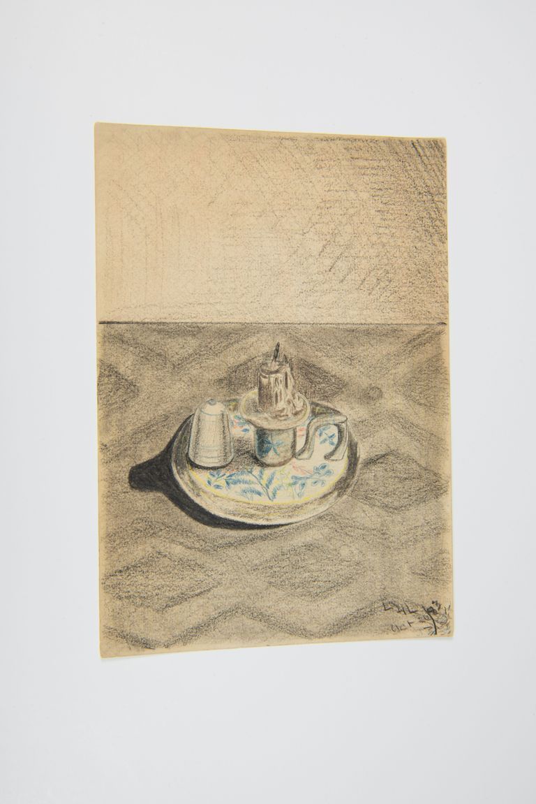 Still Life Drawing of a Candle and Teaware picture number 1