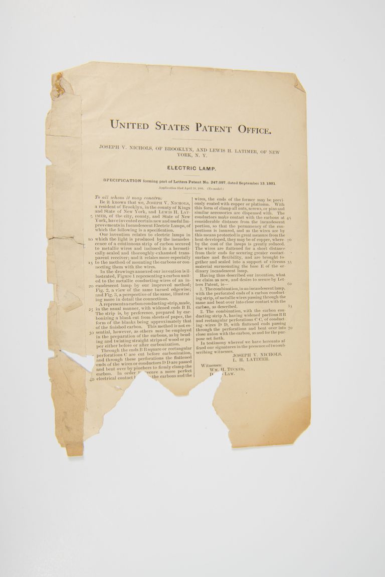 U.S. Patent for Electric Lamp – Joseph V. Nichols & Lewis H. Latimer (1881) picture number 1