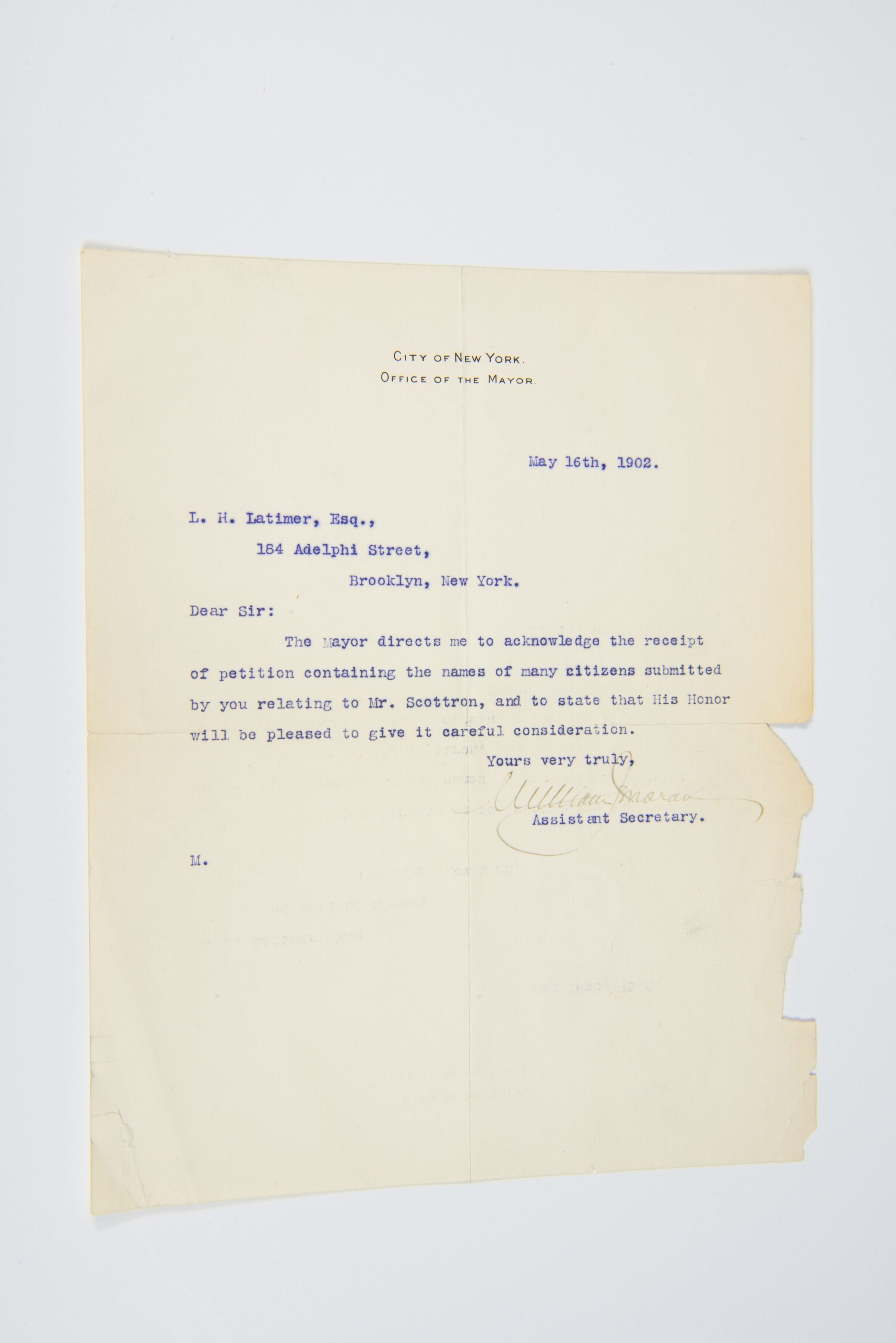 Letter from the Office of the Mayor to Lewis H. Latimer picture number 1