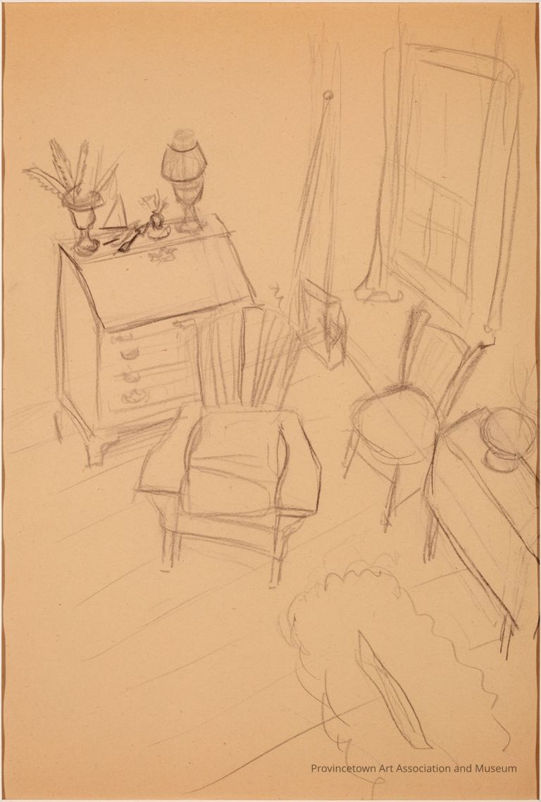 Untitled (Study of Desk, Two Chairs, and Table in Front of Window, from Elevated Viewpoint)