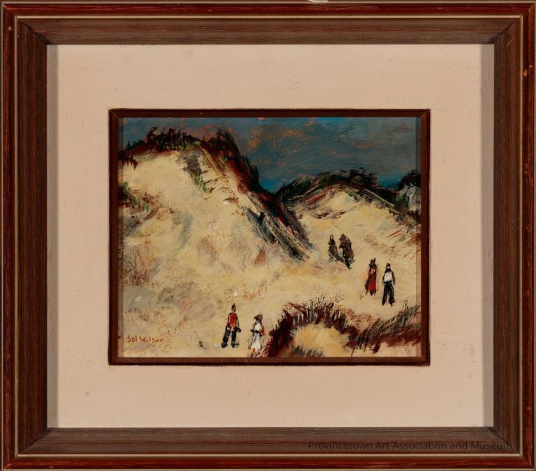 Abstract scene of people walking up dunes