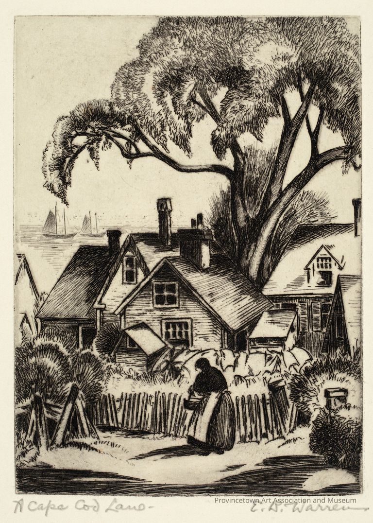 Woman in apron holding a basket walking down Provincetown street, harbor in background