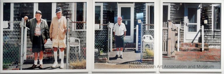Three photos; left: two older men standing outside a house; middle: one man standing outside a house; right: front door of a house