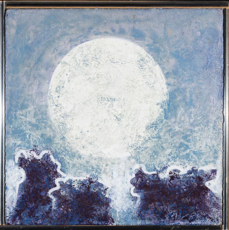 A bright, full moon illuminates the night sky. Dark clouds hover below, threatening to dim its white light.
