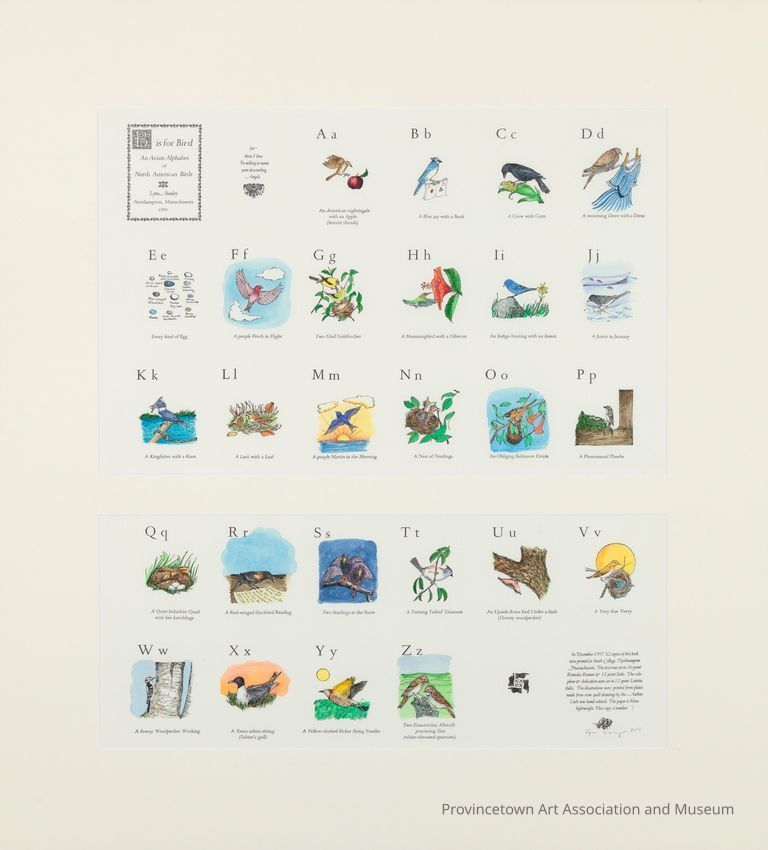 Alphabet grid with small illustrations of a bird for each letter