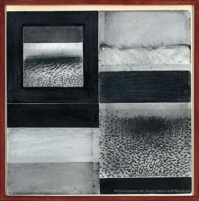 Four squares of black and white dune/ocean scenes