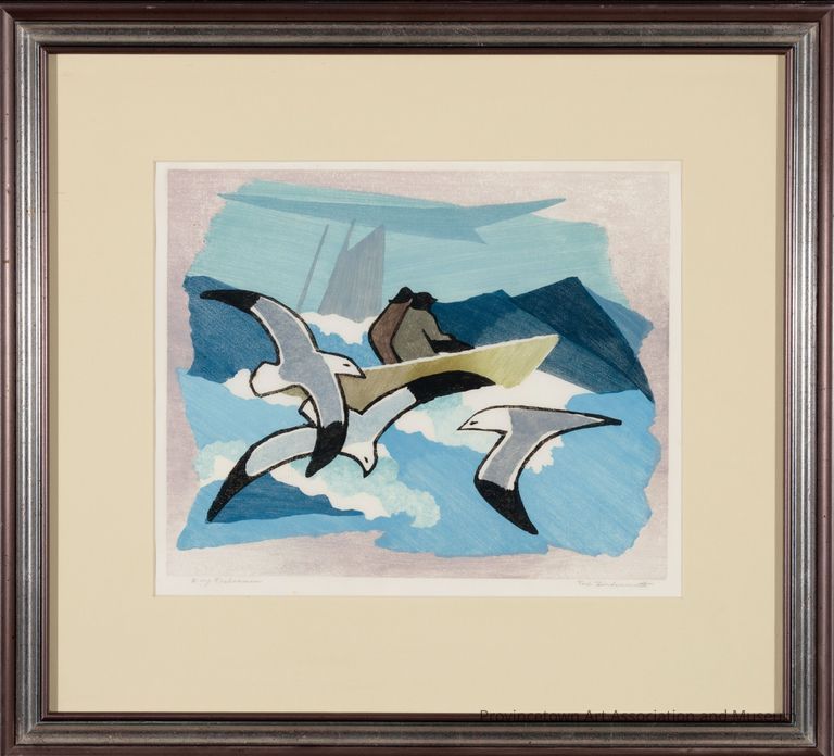 Lithograph print of three seagulls. White fluffy clouds and a bule sky in the background.