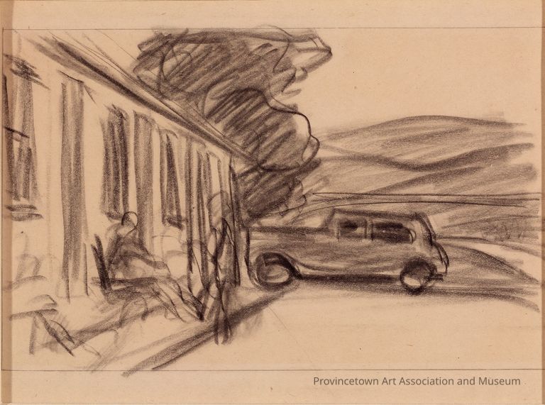 Untitled (Study of Car Parked in Front of Building, with Two Figures)