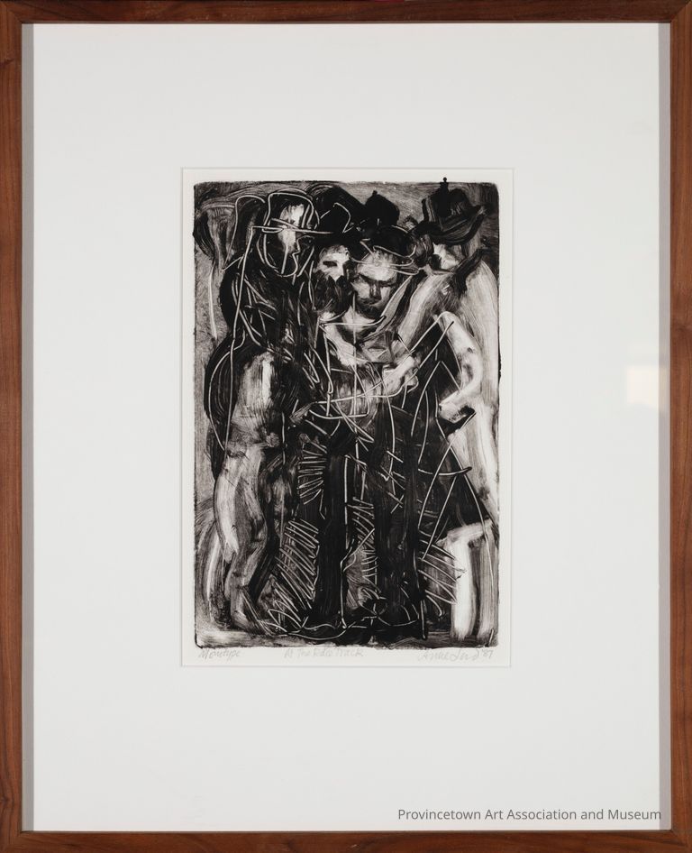 Monotype black and white print of a crowd at a race track. White etching on black ink.