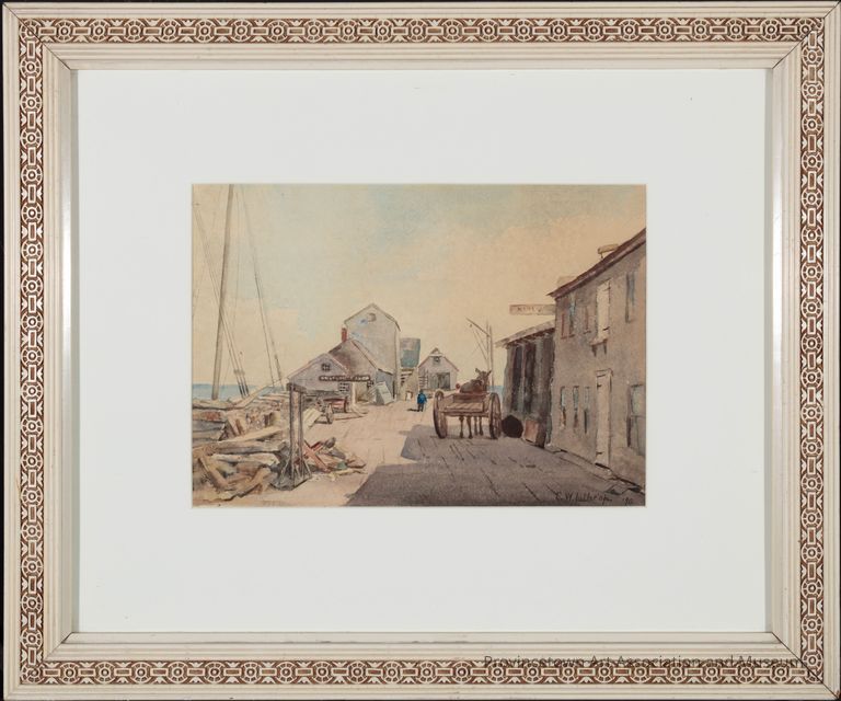 Fisherman shacks line a Provincetown wharf on a bright yet hazy day. A horse drawn wagon rests in the limited shade, awaiting it's next shipment. On the left of the wharf, lumber is unloaded with waiting ships below. In the center, walking towards the end of the wharf, is a man in a blue jacket.
