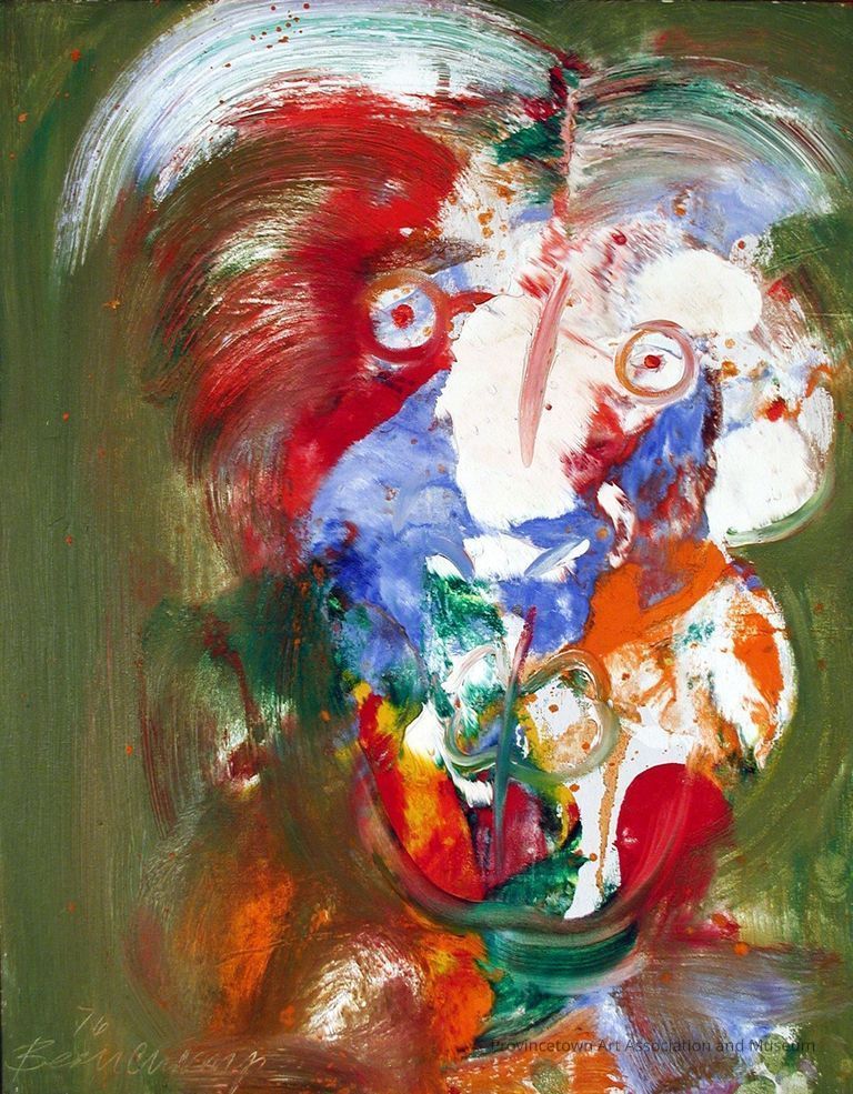 Large abstract face in red, blue, white, green
