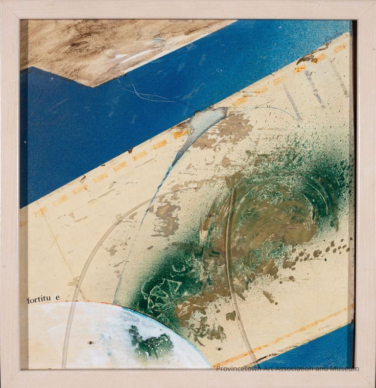 Mixed media collage. Aging paper,  blue paint and a clear acrylic wave shape. Splattered green and gold paint.