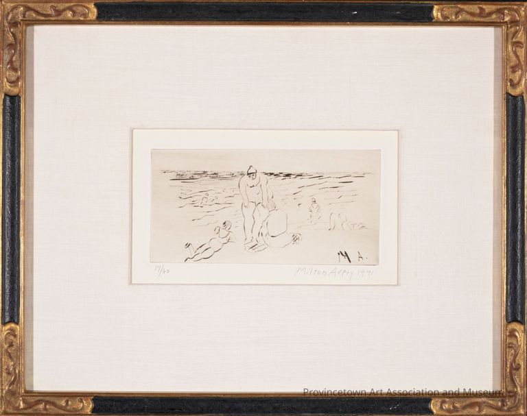 Simple black line sketch of bathers at the beach at Coney Island. Some figures sun bath on towels, while others wade into the water.