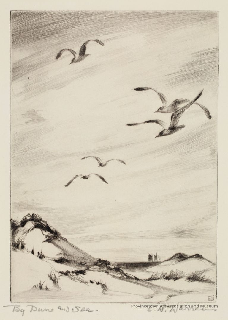 Black and white etching of dunescape and sky with seagulls flying