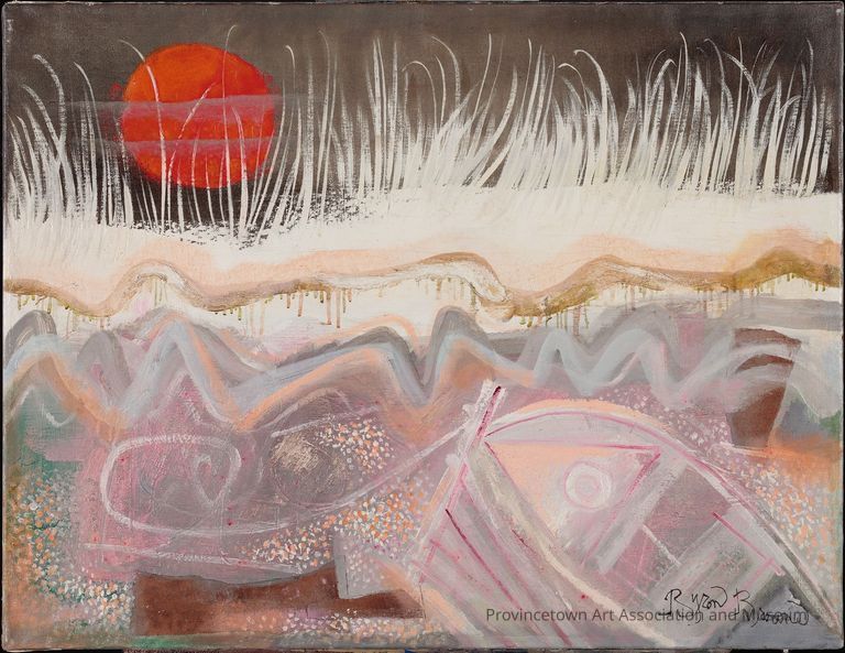 Red sun setting, marsh grass and dunes