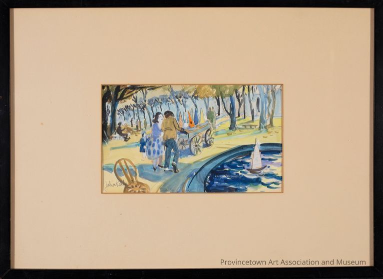 In a Parisian park, a man is renting toy boats to children. Trees lining the side walk in the background. Toy boats sailing in a body of water in the foreground.