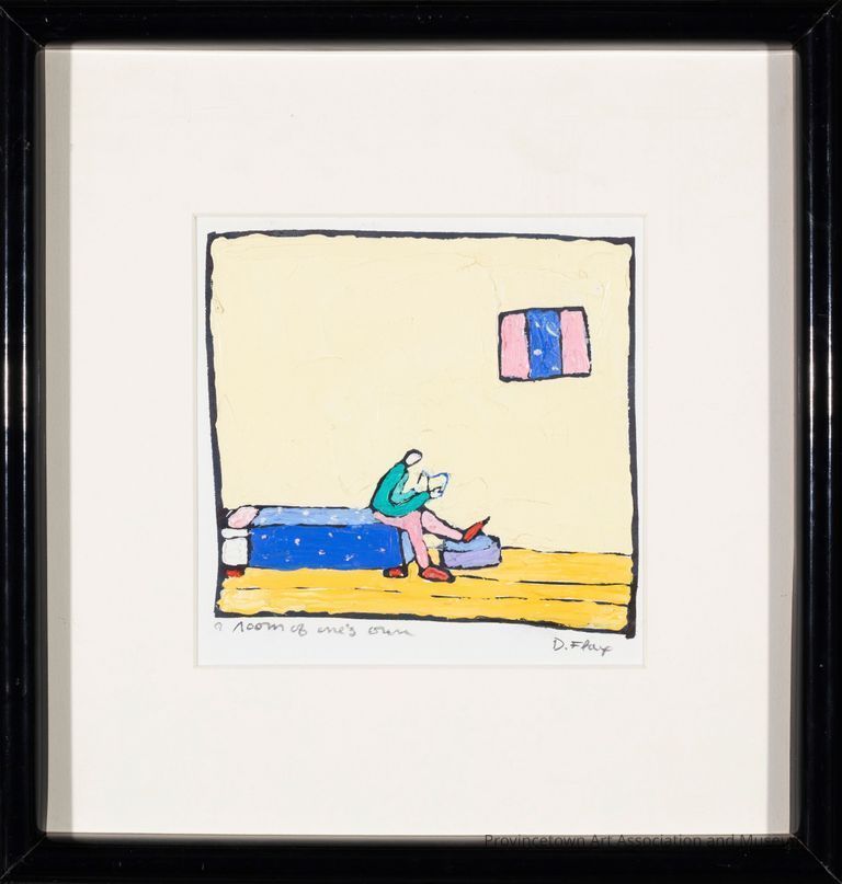 A figure sitting at the end of a simple blue bed, reading a book. The background features butter yellow walls with a small window and golden yellow wood floors.