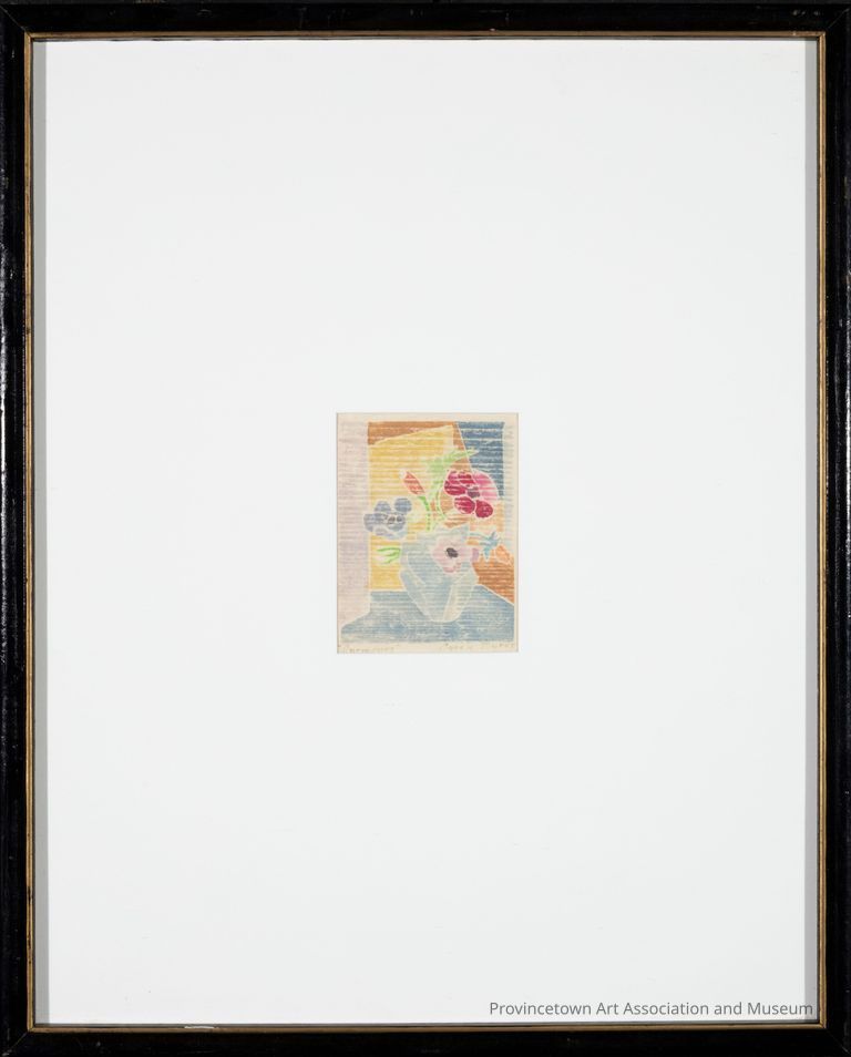 Color white-line block print. Still life of a vase of anemone flowers. Abstract white, orange, and blue background.