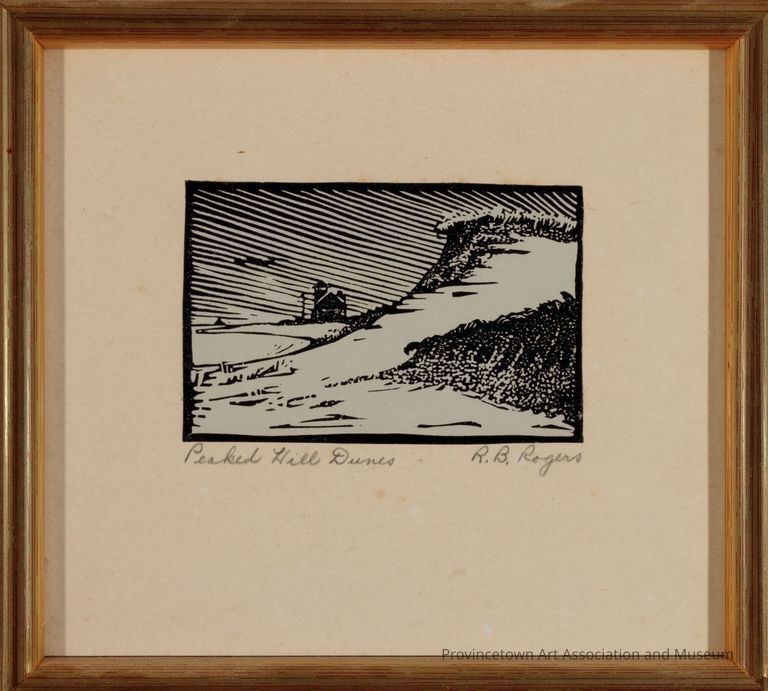 Black and white print of sand dune and sky with house in background