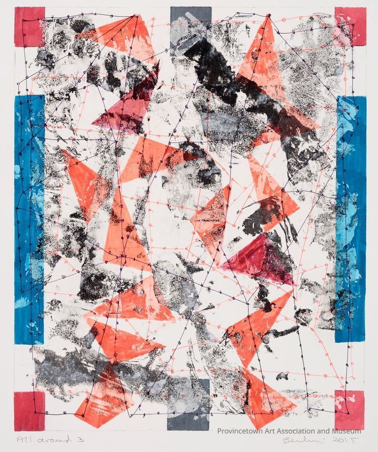 Red and orange triangles, blue rectangles, black splatters and dots