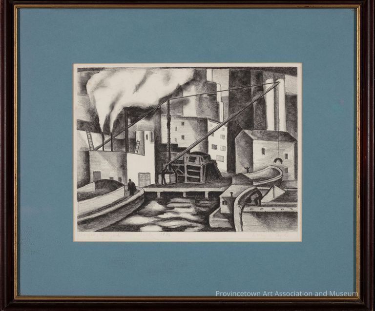 Lithograph print of New York City barges. Factories with smoking chimineas on the river.