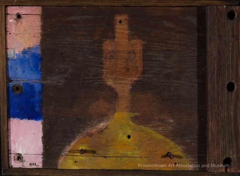 Oil on raw, aging wood. An abstract portrait with a slender head and a yellow top.